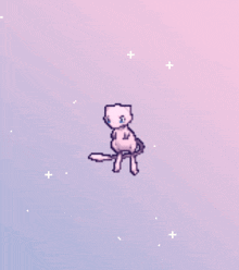 a pixel art drawing of a cat on a purple and pink background
