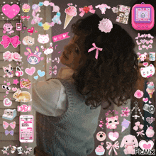 a girl is surrounded by pink stickers including one that says " love love love "