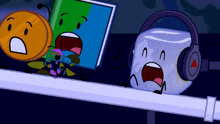 a cartoon character wearing headphones is standing next to a coin and a book