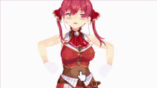 a red haired anime girl with a white hand pointing at her stomach