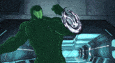 a cartoon character in a green suit holds a silver object in his hand