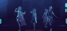 three anime girls are dancing in a dark room with blue lights