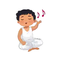a cartoon drawing of a boy singing with pink music notes above him