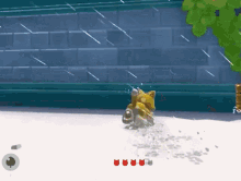 a video game scene with a yellow cat and red cats on the ground