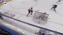 a hockey player with the number 8 on his jersey stands in front of the net