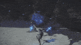 a person is holding a sword in front of a monster in the sand