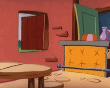 a cartoon scene with a table and a fireplace