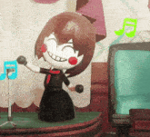 a cartoon character is dancing in front of a microphone with a green music note behind her