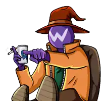 a cartoon character with a w on his face is smoking a cigarette and holding a can