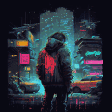 a painting of a person standing in front of a city with a sign that says ' i love you ' on it