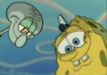 spongebob and squidward are standing next to each other in the water .