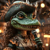 a crocodile in a pirate hat is singing into a microphone
