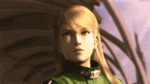 a woman with long blonde hair is wearing a green jacket and looking at the camera .
