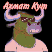 a cartoon of a bull wearing sunglasses and the words axnam kym