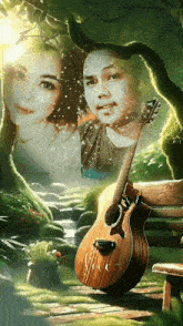 a picture of a man and a woman with a guitar in front of them