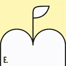 a white apple with a blue leaf and the letter e