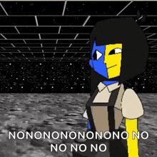 a pixel art of a girl with a yellow and blue face and the words no no no on the bottom