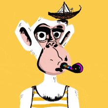 a cartoon monkey with a boat on his head and a whistle in his mouth