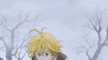 a boy with blonde hair is holding a sword in front of trees