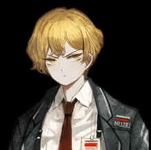 a man in a suit and tie has a patch on his jacket that says nu181