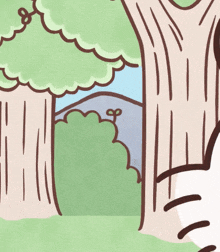 a cartoon of a rabbit peeking out of a tree