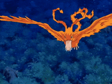 a cartoon character is flying in the air next to a giant orange dinosaur