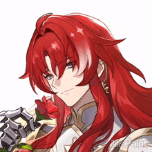 a man with long red hair is holding a red rose in his hand