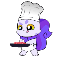 a cartoon drawing of a squirrel wearing a chef 's hat and apron holding a pan of meat