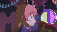 a cartoon girl is blowing up a pink balloon