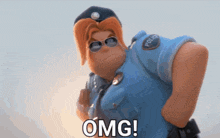 a cartoon police officer says " omg " in front of his chest