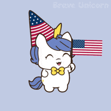 a brave unicorn is holding an american flag on 4th of july