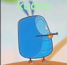 a blue cartoon character with the word kudos written on the bottom
