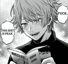 a black and white drawing of a boy reading a book with the words this shit is peak above him