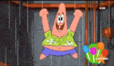 patrick star from spongebob squarepants is hanging upside down in the air