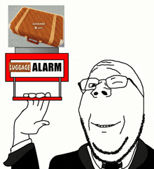 a man is holding a luggage alarm sign