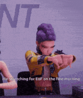 a woman with purple hair is stretching her arms in front of the word nt