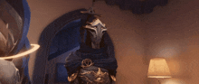 a knight with a sword in his hand is standing in a room with a lamp