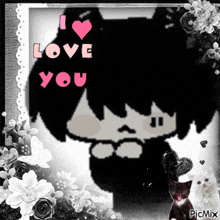 a black and white picture of a girl with the words " i love you " on it