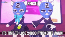 two anime characters wearing masks with the words sensei its time to lose 24000 pyroxenes again on the bottom