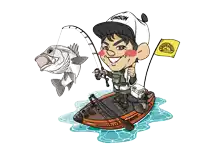 a cartoon of a man on a boat with a fishing rod and a flag that says unison