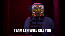 a cartoon character with a ninjago academy poster on his face