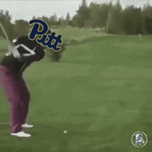 a person is riding a golf cart on a golf course with the word pitt on it .
