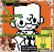 a pixel art of a skeleton with a caution sign