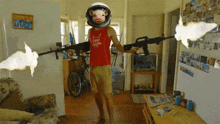 a man in a pig helmet is holding two guns