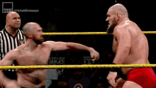 two men are wrestling in a ring with a referee and the words totaldivaseps on the bottom