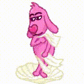 a pink cartoon dog with a heart in its mouth