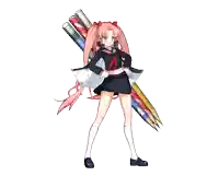 a girl with pink hair is holding a bunch of pencils on her shoulder