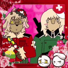 a couple of cartoon characters with a swiss cross on their hat
