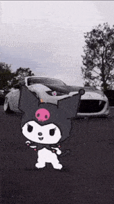 a picture of a cartoon character standing in front of a white car