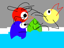 a drawing of angry birds and pac man with a green leaf